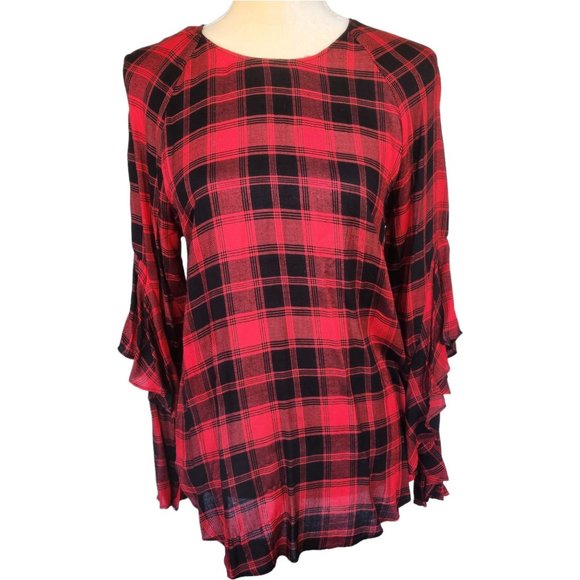 New w/Tags Mustard Seed Brand Red & Black Plaid Keyhole Back Blouse Sz Small - Picture 3 of 8